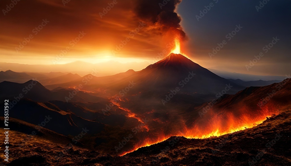 dark fantasy mountain landscape fire in the hills volcano eruption made with