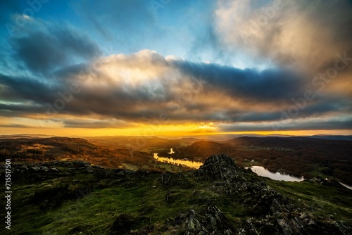 Dramatic sunset from Gummers How and view across Windermere towards the Furness fells, Lake District National Park, UNESCO World Heritage Site, Cumbria, England photo