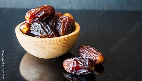 dates fruit date fruits with reflection on black background heap of medjool dates in wooden bowl close up tasty healthy food © Marcelo