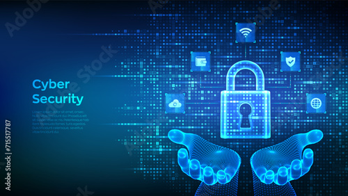 Cyber security. Data Protection. Internet network security technology concept. Padlock. Lock icon in wireframe hands. Cybersecurity icons connections. Binary code background. Vector Illustration.