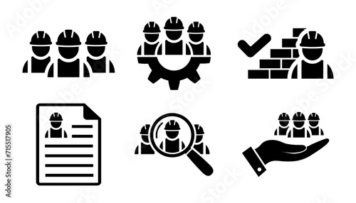 Good job of construction worker symbol. Building contractor icon set in flat. Search, resume, brick wall, check mark icons. Approved work Builders icons in black Vector illustration for graphic design photo