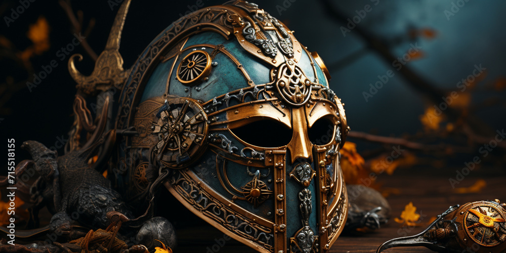  Mystical Glow: Steampunk Full Face Mask in Darkness A luminous helmet stands out on a black background making by steampunk mask full face mask.