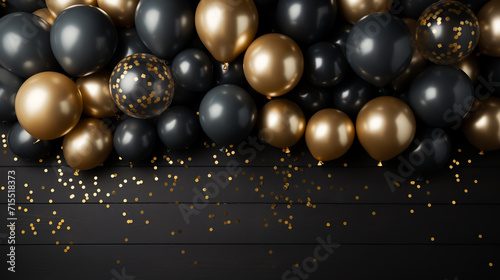 Beautiful black balloons randomly flying frame. Party elegant vector background with space for text.