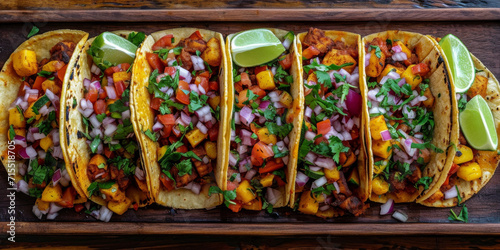 Mehrere Tacos auf einem Holzteller mit Toppings