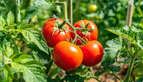 a close up shot of a small cluster of ripe red tomatoes nestled among lush green foliage in a garden setting the image is framed in such a way as to highlight the natural