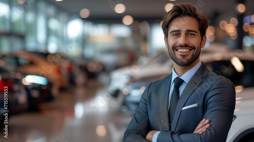 Professional car salesman in dealership. Smiling to camera. Expensive car. Car dealer business. Automotive industry. Auto dealership office.