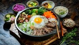 traditional korean dish bibimbap with fried agg beef and vegetables generative
