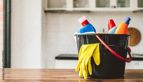 bucket with cleaning items on wooden table and blurry modern kitchen background washing set colorful with copy space banner