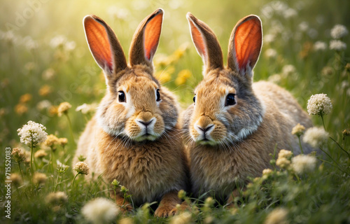 Two fluffy rabbits in the grass © Viktoriia Pletska