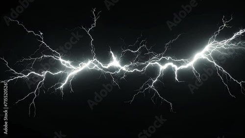Multiple sharp white lightning bolts intersecting against a pitch-black background. Conveys the intense energy of an electrical discharge.
 photo