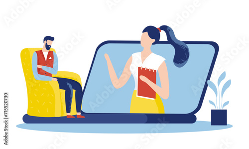Online psychology help. Man having online psychotherapy session. Female therapist talking to patient