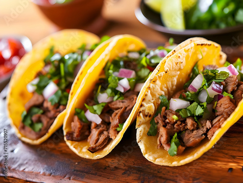 Several Tacos lying one by one isolated on a white background. Cinematic food photo of traditional Mexican street food. High-resolution