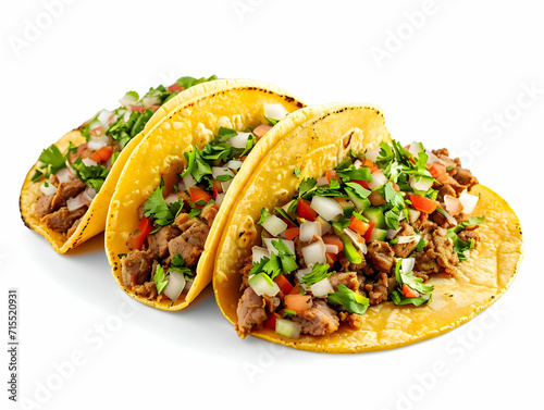 Several Tacos lying one by one isolated on a white background. Traditional Mexican street food. High-resolution