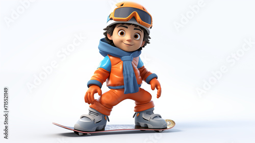 Cartoon boy playing snowboard on white background 