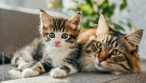 a small cute kitten of the kuril bobtail breed with a cat mom the cat with kittens lies on the sofa selective focus © Marcelo