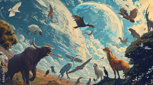 Parallel Universe Migration: Diverse Species in Majestic Flight Against a Backdrop of a Giant Moon and Lush Landscape