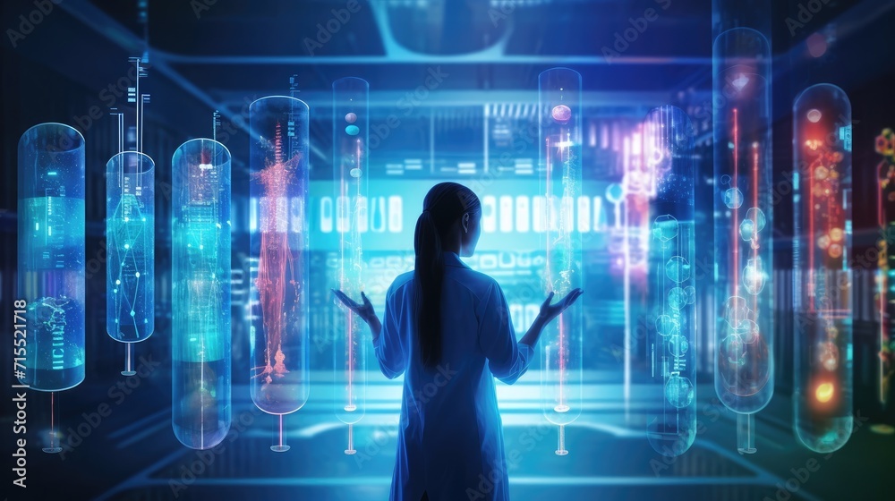 scientist holding medical testing tubes or vials of medical pharmaceutical research with blood cells and virus cure using DNA genome sequencing biotechnology as wide banner hologram, Generative Ai scientist holding medical testing tubes or vials of medical pharmaceutical research with blood cells and virus cure using DNA genome sequencing biotechnology as wide banner hologram, Generative Ai