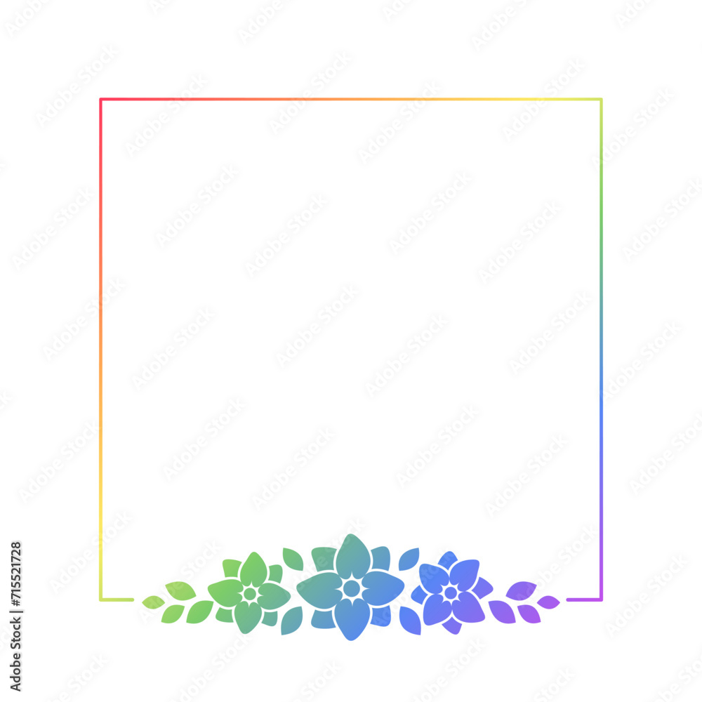 Square rainbow floral frame template. Pride Month Frame Border Design Element. Vector art with flowers and leaves. Square rainbow floral frame template. Pride Month Frame Border Design Element. Vector art with flowers and leaves.