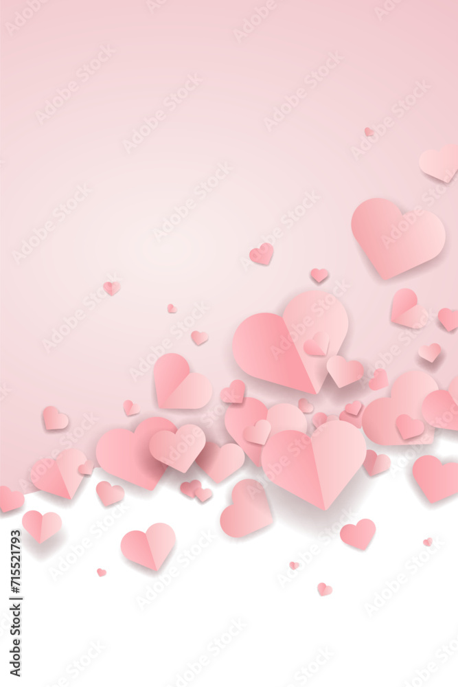 Vertical Valentine's Day greeting card template. Frame with white and pink objects on the white background. Symbols of holiday - hearts.
