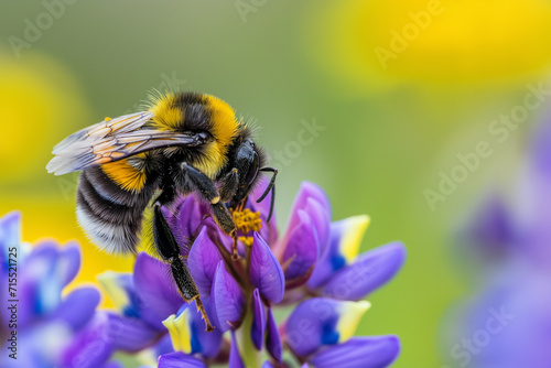 Close-up of a Bumblebee Pollinating Vibrant Purple Flowers, Perfect for Environmental and Ecological Themes © Rade Kolbas