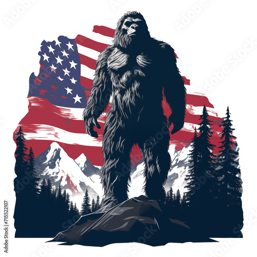 American bigfoot cryptid t-shirt graphic with a sasquatch and USA flag patriot theme design. Print on demand png graphic with transparent background. photo