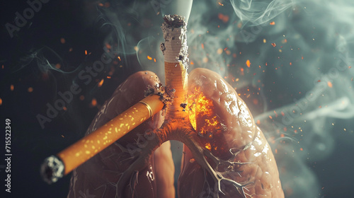 Illustration of a thought-provoking visual concept for No Tobacco Day, highlighting the harmful effects of cigarettes on the lungs and body. An image of a real cigarette interacting with the interbody photo