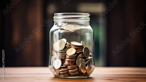 Transparent Jar Filled with Money on Wooden Table: Financial Concept. Wooden Table with Dollar Bills in a Glass Jar photo