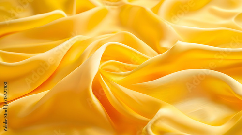 Yellow silk shiny fabric background. Fabric with folds highly detailed. Top view macro photo. High-resolution