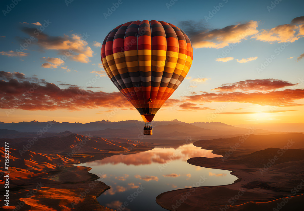 A hot air balloon silhouetted at sunset