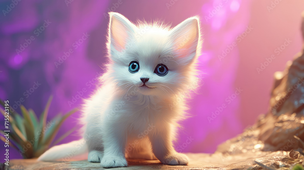 Beautiful white kitten in a fairyland. Fantasy style. Beautiful white kitten in a fairyland. Fantasy style.