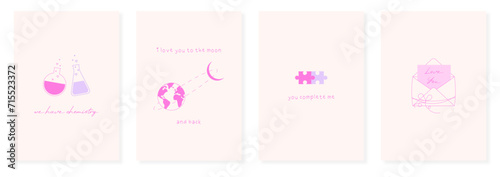 Set of minimalistic Valentine's Day greeting cards, posters with chemistry, moon, puzzles, envelope in flat outline style. Simple pink cards for February 14