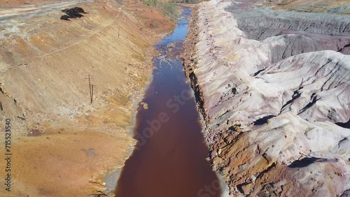 Aerial drone view of Tinto river in Huelva mountains. Red coloration has its origin in the weathering of minerals containing heavy metal sulfides found in deposits along the river and at its source