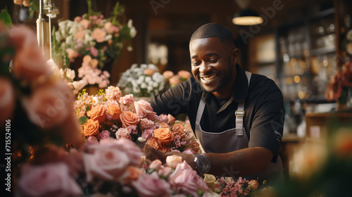 Portrait of a happy shopkeeper is smiling while making bouquet of flowers at his florist photo