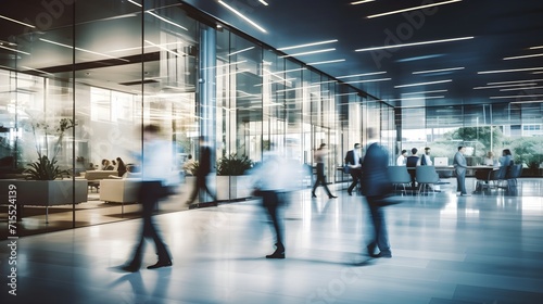 Bright business workplace with people walking in blurred motion in modern office building.