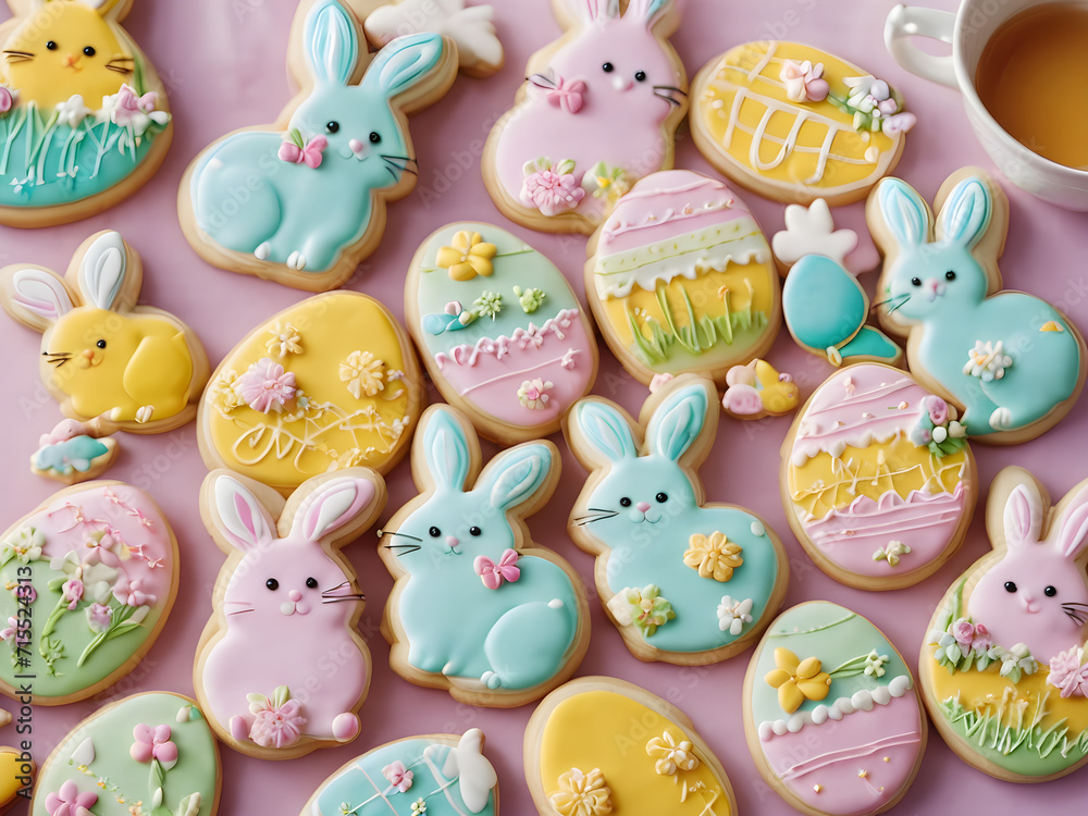 Easter cookies in the shape of Easter bunnies in pastel colors