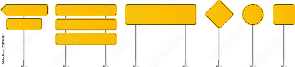 Road traffic signs set. Direction arrow, information board. Attention traffic signs mockup. Blank board with place for text. Isolated Vector illustration. Road traffic signs set. Direction arrow, information board. Attention traffic signs mockup. Blank board with place for text. Isolated Vector illustration.