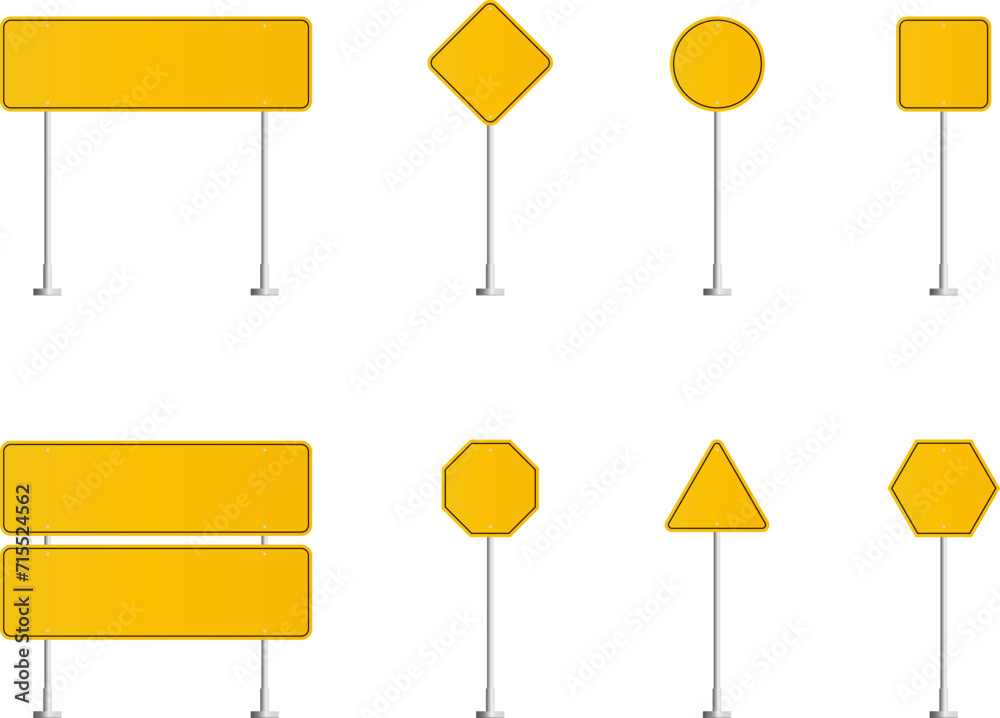 Road traffic signs set. Direction arrow, information board. Attention traffic signs mockup. Blank board with place for text. Isolated Vector illustration. Road traffic signs set. Direction arrow, information board. Attention traffic signs mockup. Blank board with place for text. Isolated Vector illustration.