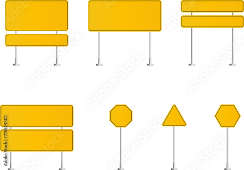 Road traffic signs set. Direction arrow, information board. Attention traffic signs mockup. Blank board with place for text. Isolated Vector illustration.