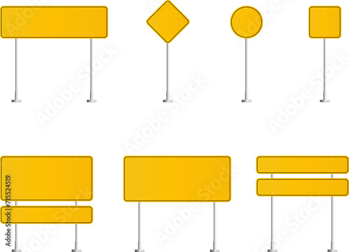 Road traffic signs set. Direction arrow, information board. Attention traffic signs mockup. Blank board with place for text. Isolated Vector illustration.