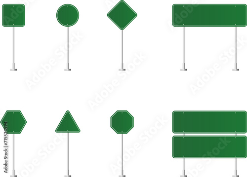 Road traffic signs set. Direction arrow, information board. Attention traffic signs mockup. Blank board with place for text. Isolated Vector illustration.