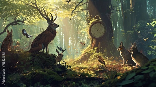 Enchanted Forest with Time-Keeping Animals: A Magical Scene of Deer, Rabbits, Birds, and Butterflies Surrounding an Ancient Clock Embedded in a Tree photo