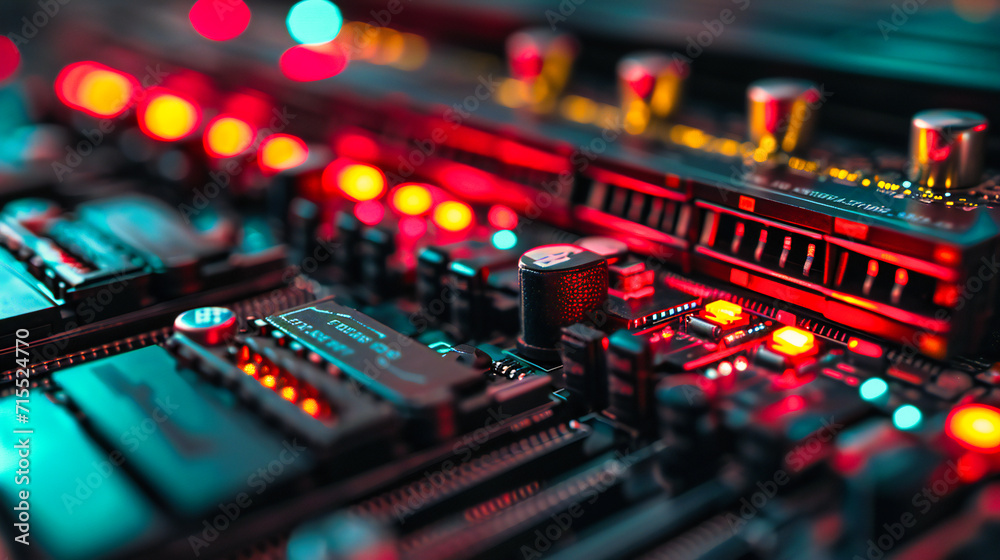 DJ Mixer Equipment: Close-up of a DJ mixer with buttons and sliders, representing technology and entertainment in the music industry DJ Mixer Equipment: Close-up of a DJ mixer with buttons and sliders, representing technology and entertainment in the music industry