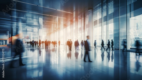 Fotografia Bright business workplace with people walking in blurred motion in modern office building