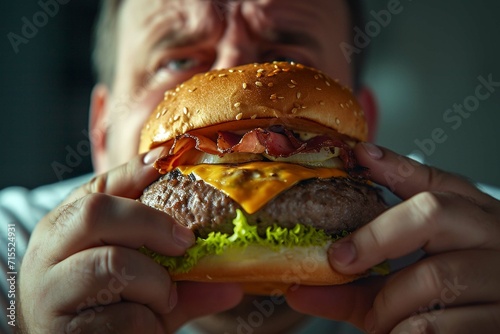 Fat sportsman has ruined the diet with yummy hamburger. Gluttony.