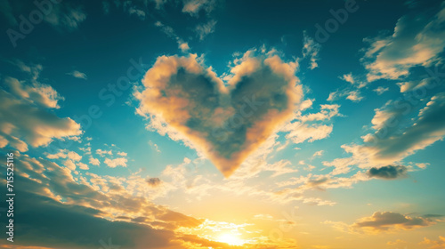 Romantic cloudy sky at the sunset with heart shaped clouds. Love concept. Generative AI photo