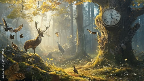 Timekeepers of the Forest: A Fantasy Illustration of Animals with Unique Perception of Time in a Magical Landscape photo