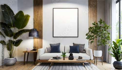 A white empty frame mockup in the living room decoration with plants. © princess