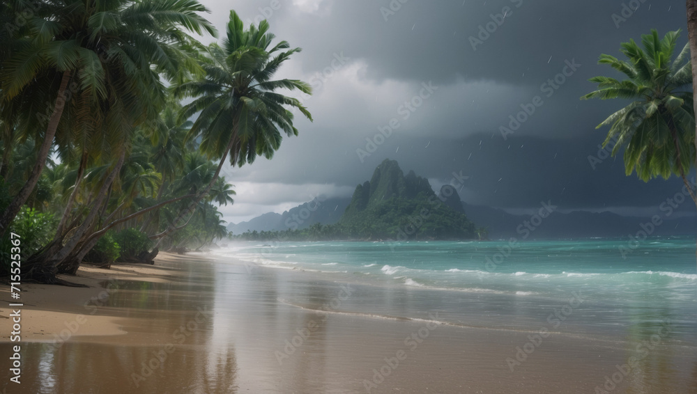 Monsoon wet season on tropical Island. Climate change and natural phenomenon concept.