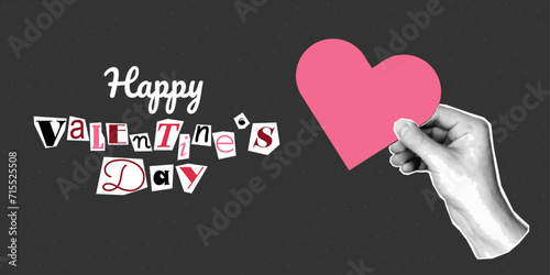 Happy Valentine's Day lettering in ransom note text style. Collage paper cut letters, grunge vector clipart elements. Halftone collage of a hand holding a pink heart. photo