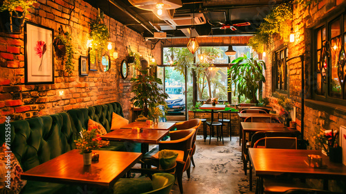 Retro Restaurant Interior: Vintage-style restaurant interior with empty tables and chairs, creating a cozy and nostalgic atmosphere